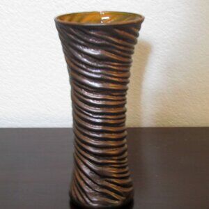 Unusual Large Textured Glass Vase with Bronze Finish and Orange Interior